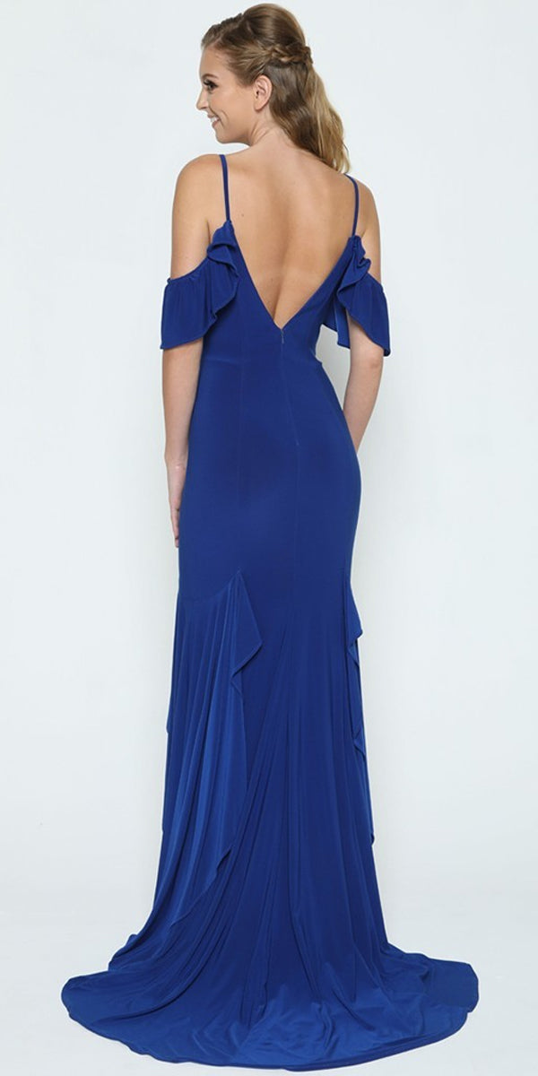 Royal Blue Mermaid Long Prom Dress Ruffled Cold-Shoulder