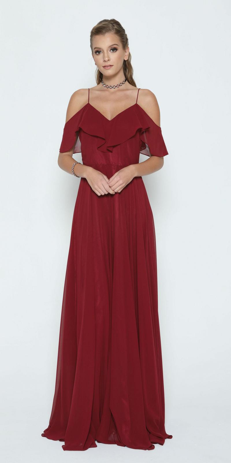 Burgundy A-line Long Formal Dress Ruffled Cold-Shoulder