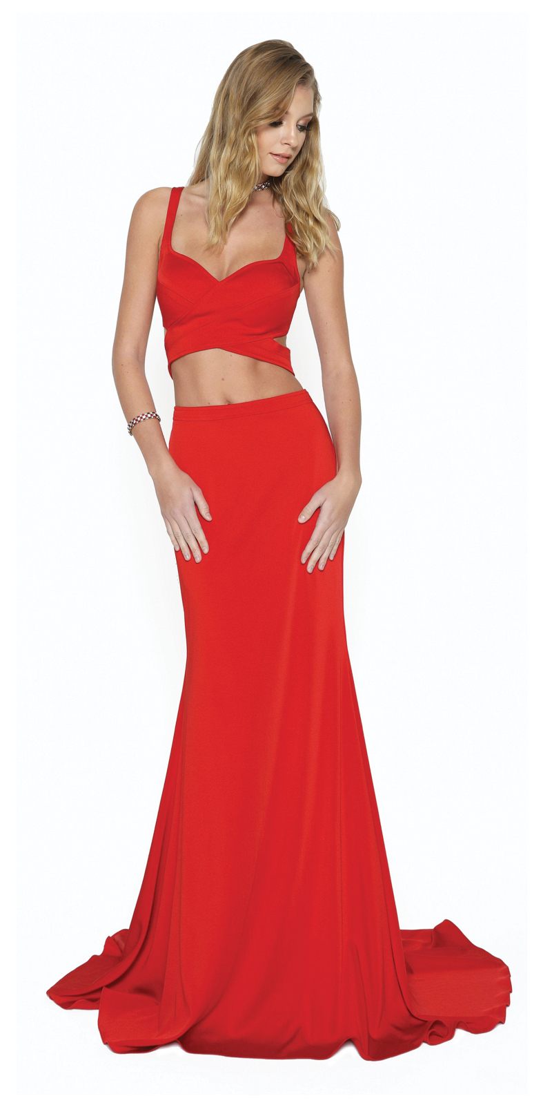 Red Faux Two-Piece Mermaid Floor Length Prom Dress