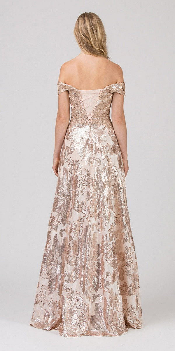 Off-Shoulder Rose Gold Long Prom Dress with Pockets