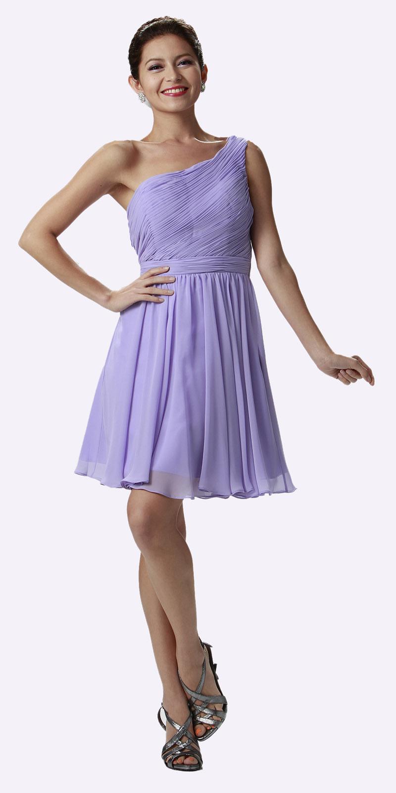 One Shoulder Chiffon Short Lilac Bridesmaid Dress Ruched Bodice