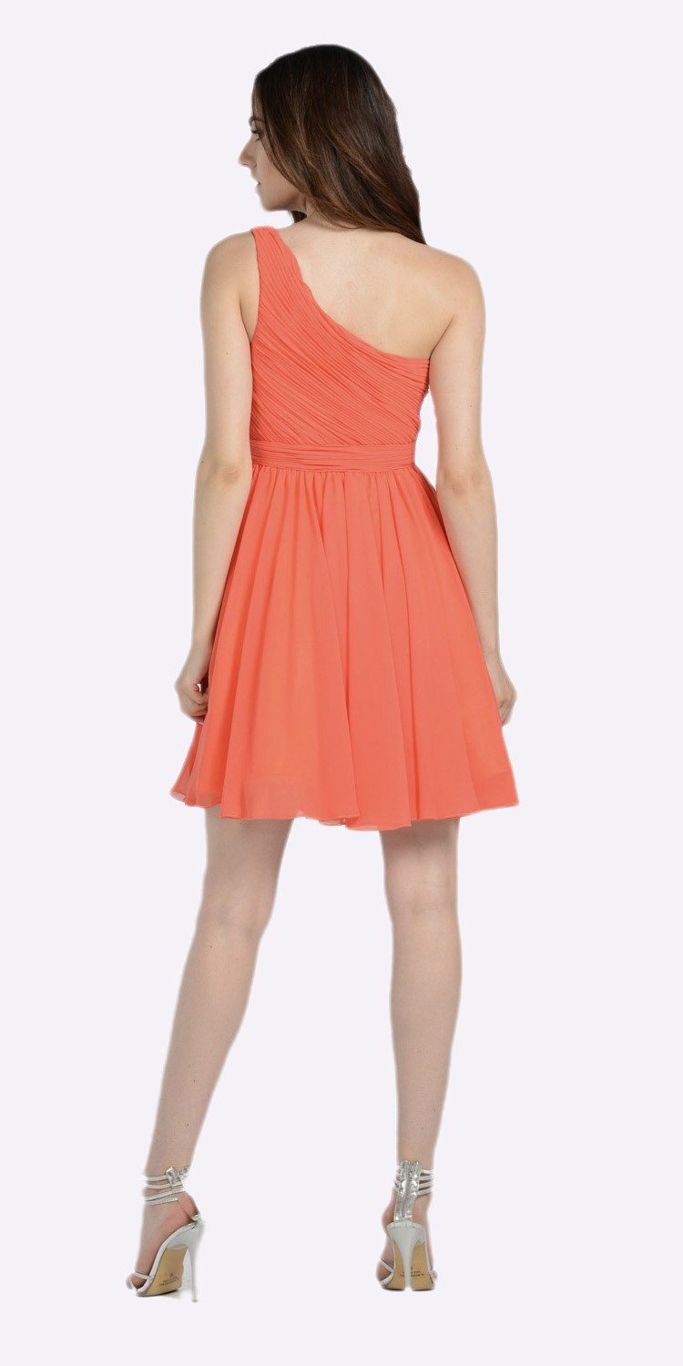 One Shoulder Chiffon Short Orange/Coral Bridesmaid Dress Ruched Bodice Back View