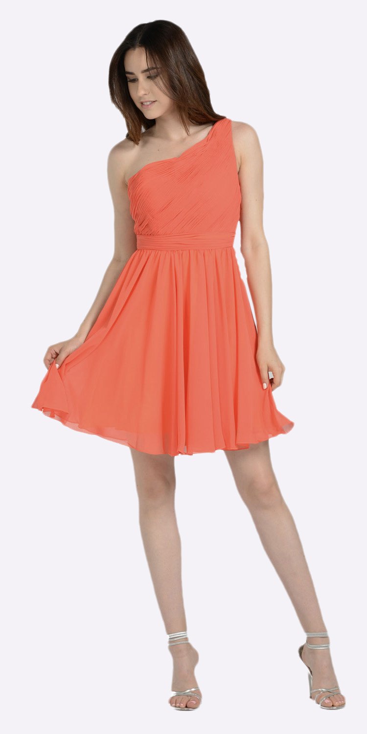 One Shoulder Chiffon Short Orange/Coral Bridesmaid Dress Ruched Bodice