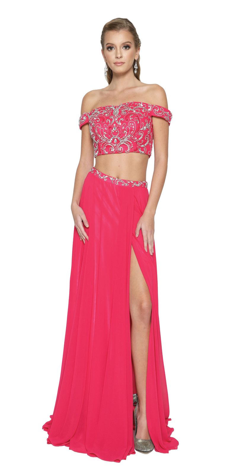 Fuchsia Two-Piece Prom Gown Off-Shoulder with Slit