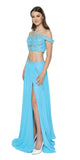 Turquoise Two-Piece Prom Gown Off-Shoulder with Slit