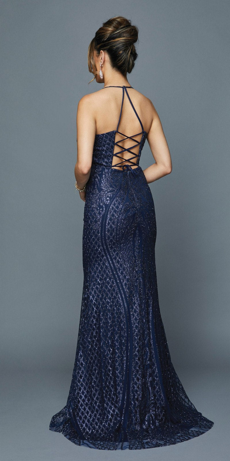 Navy Blue Long Sequin Prom Dress with Strappy Back 
