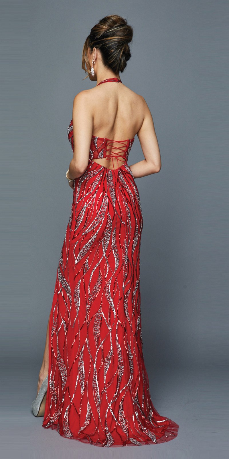 Red Halter Long Prom Dress Lace-Up Back with Slit