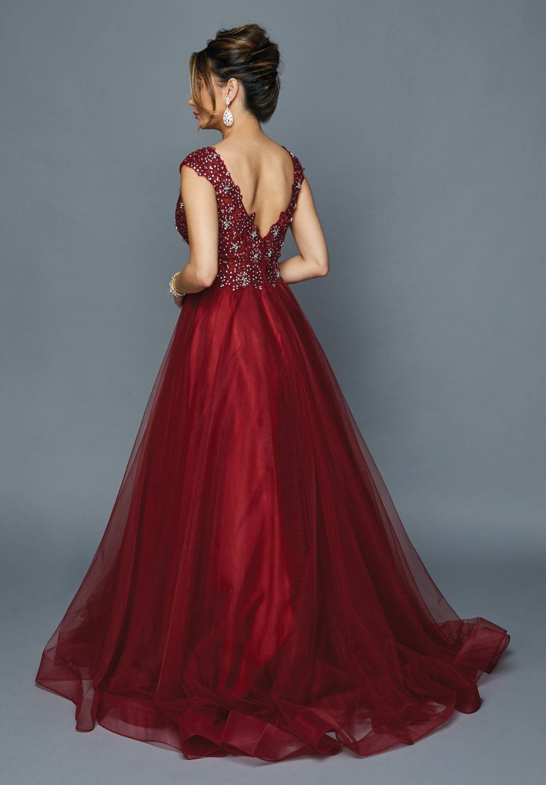 Burgundy Cap Sleeved Long Formal Dress with Appliques