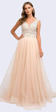 Juliet 684 Floor Length Champagne Cap Sleeved Ball Gown with Appliques
