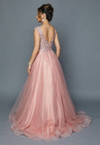 Rose Cap Sleeved Long Formal Dress with Appliques