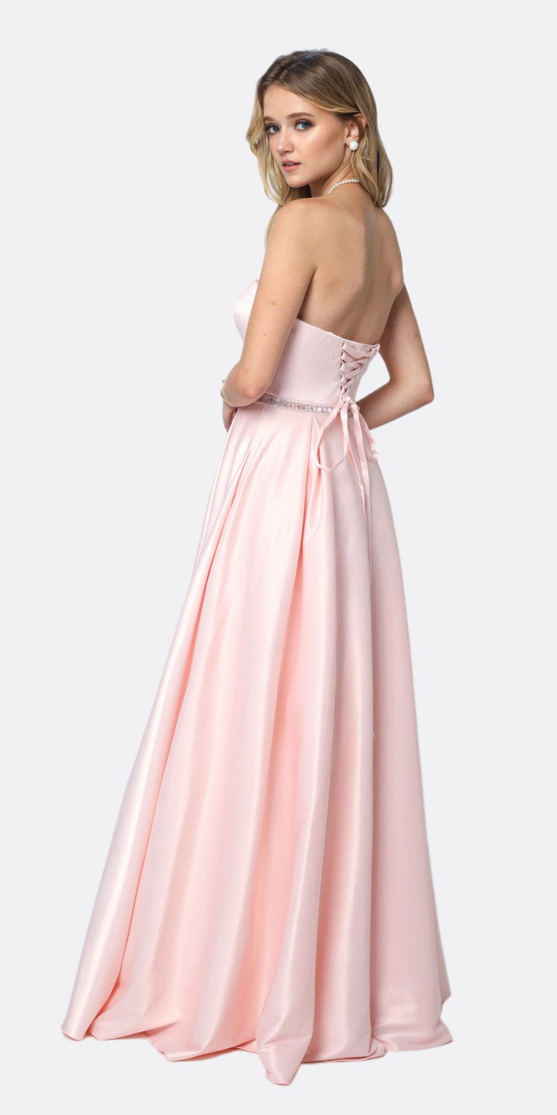Juliet 687 Shiny Satin A Line Gown Blush With Beaded Belt And Pockets