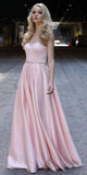 Juliet 688 Floor Length Shiny Satin A-Line Gown Blush Beaded Belt With Pockets