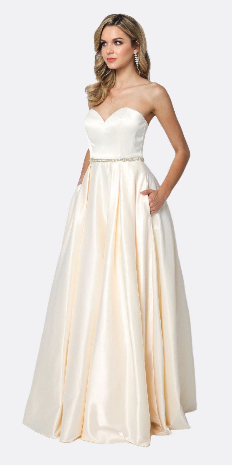 Juliet 687 Shiny Satin A Line Gown Champagne With Beaded Belt And Pockets