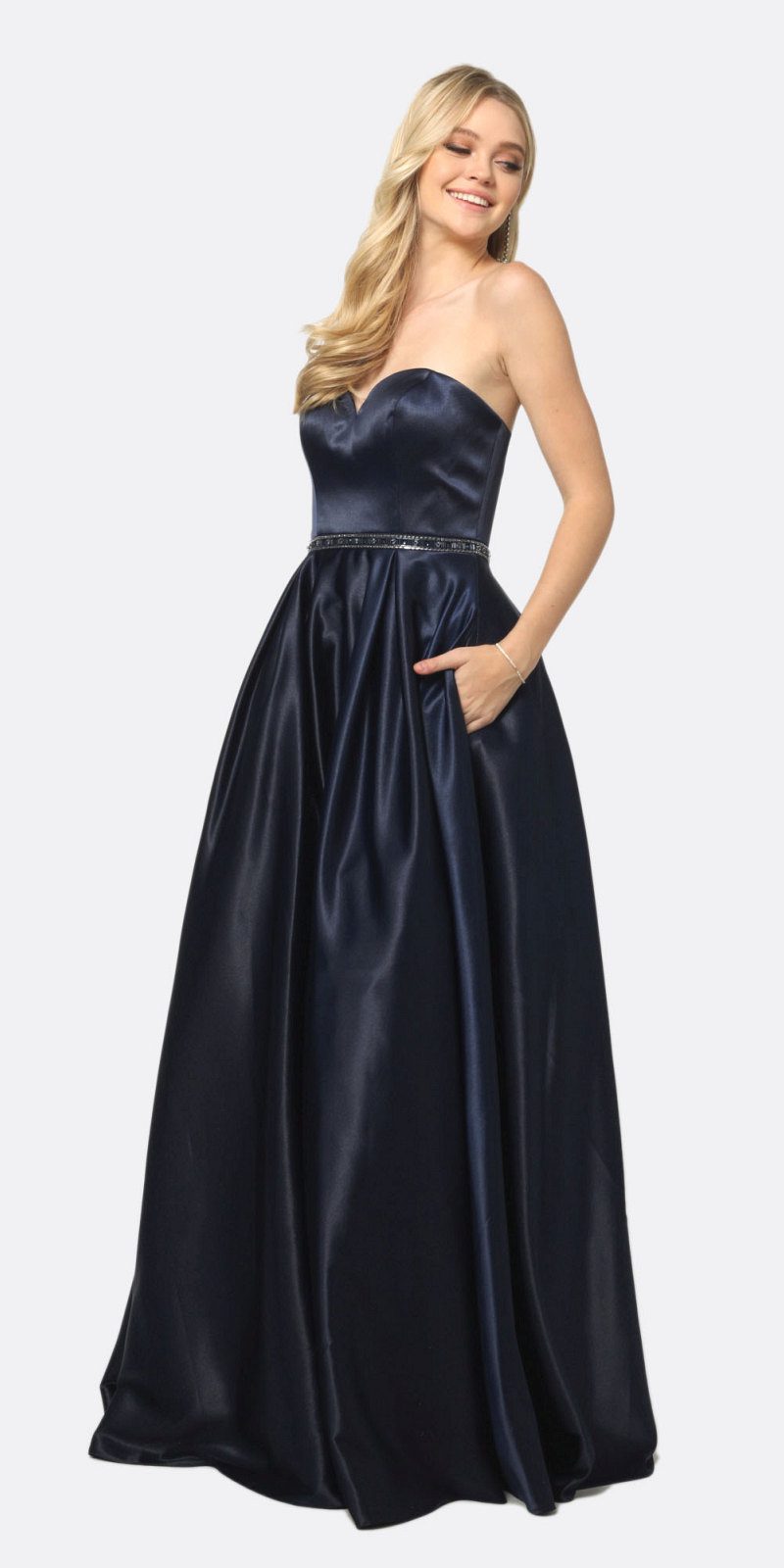 Juliet 687 Shiny Satin A Line Gown Navy Blue With Beaded Belt And Pockets