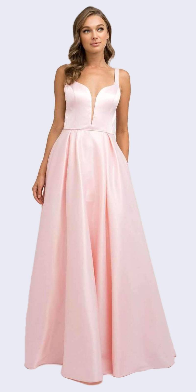 Juliet 691 Floor Length Blush Prom Dress A-Line Cut-Out Bow Back