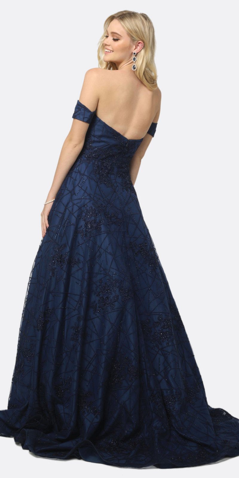 Juliet 692 Long Embroidered Lace Ball Gown Dress Navy With Arm Band