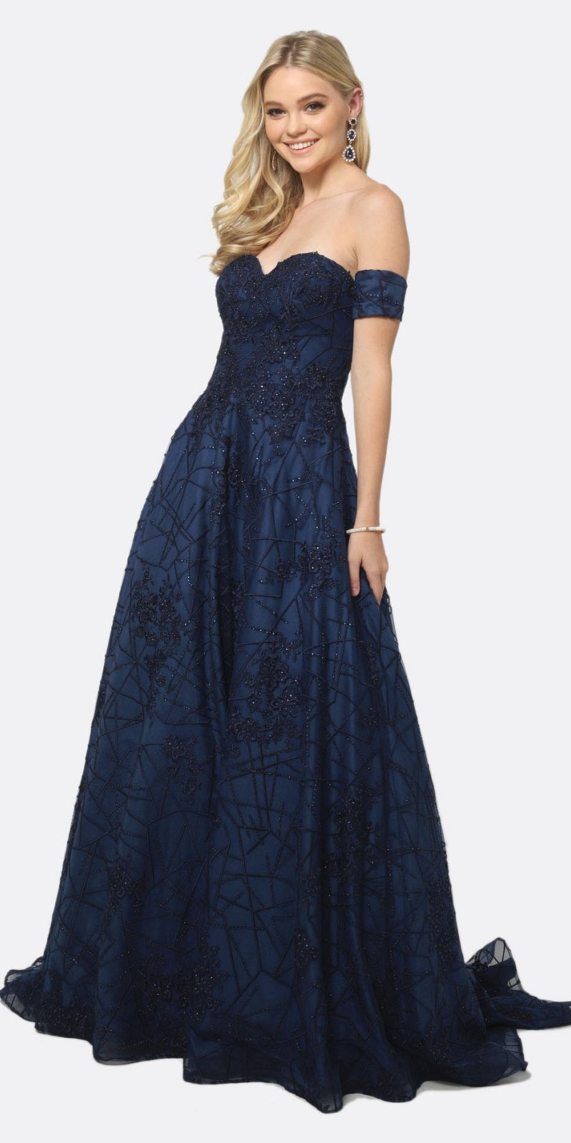 Juliet 692 Long Embroidered Lace Ball Gown Dress Navy With Arm Band