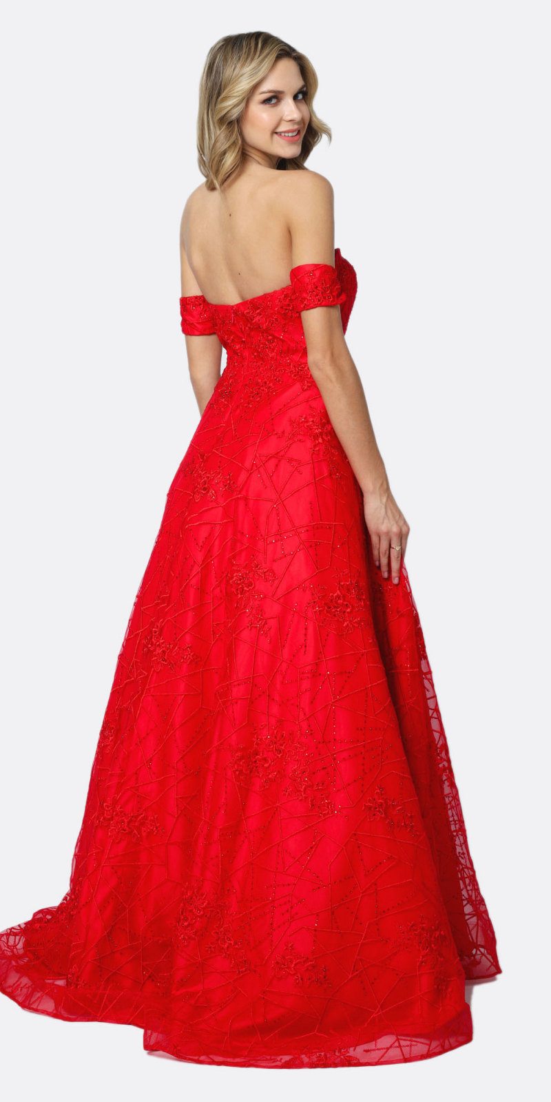 Juliet 692 Long Embroidered Lace Ball Gown Dress Red With Arm Band