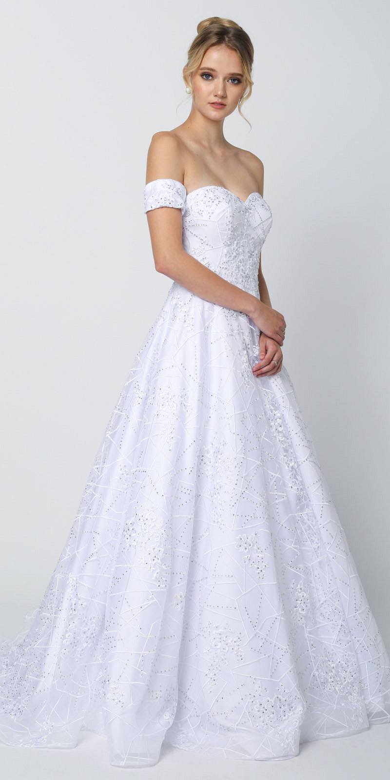 Juliet 692 Long Embroidered Lace Ball Gown Dress White With Arm Band