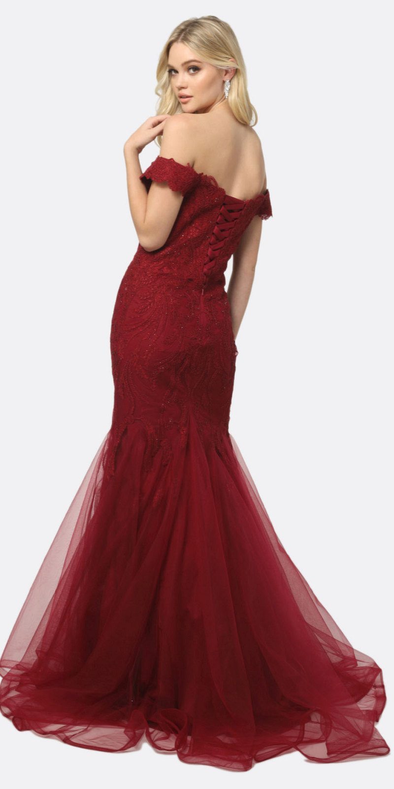 Juliet 693 Embellished Lace Off the Shoulder Burgundy Mermaid Prom Dress