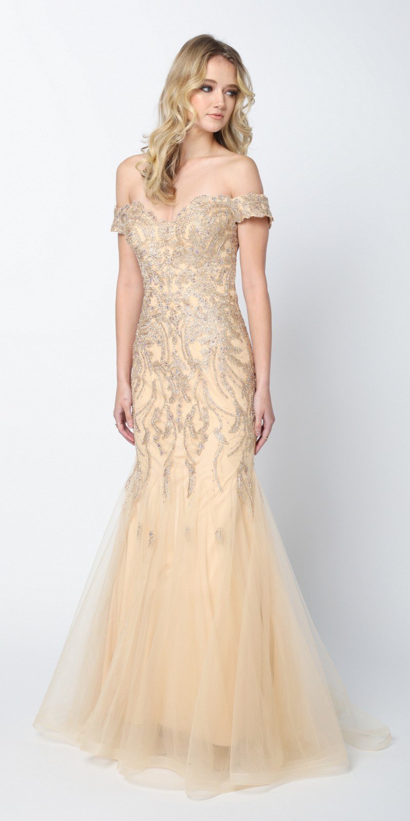 Juliet 693 Embellished Lace Off the Shoulder Gold Mermaid Prom Dress