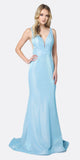 Juliet 695 Glitter Ice Blue Sheath Dress Floor Length Deep-V Neckline
