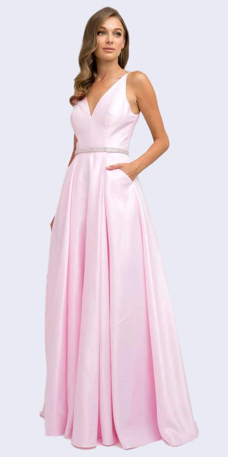 Juliet 696 Floor Length A-Line Light Pink Prom Dress Satin Removable Rhinestone Belt