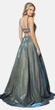 Juliet 698 Floor Length Glitter A-line Pockets Caged Back Prom Dress Emerald Gold