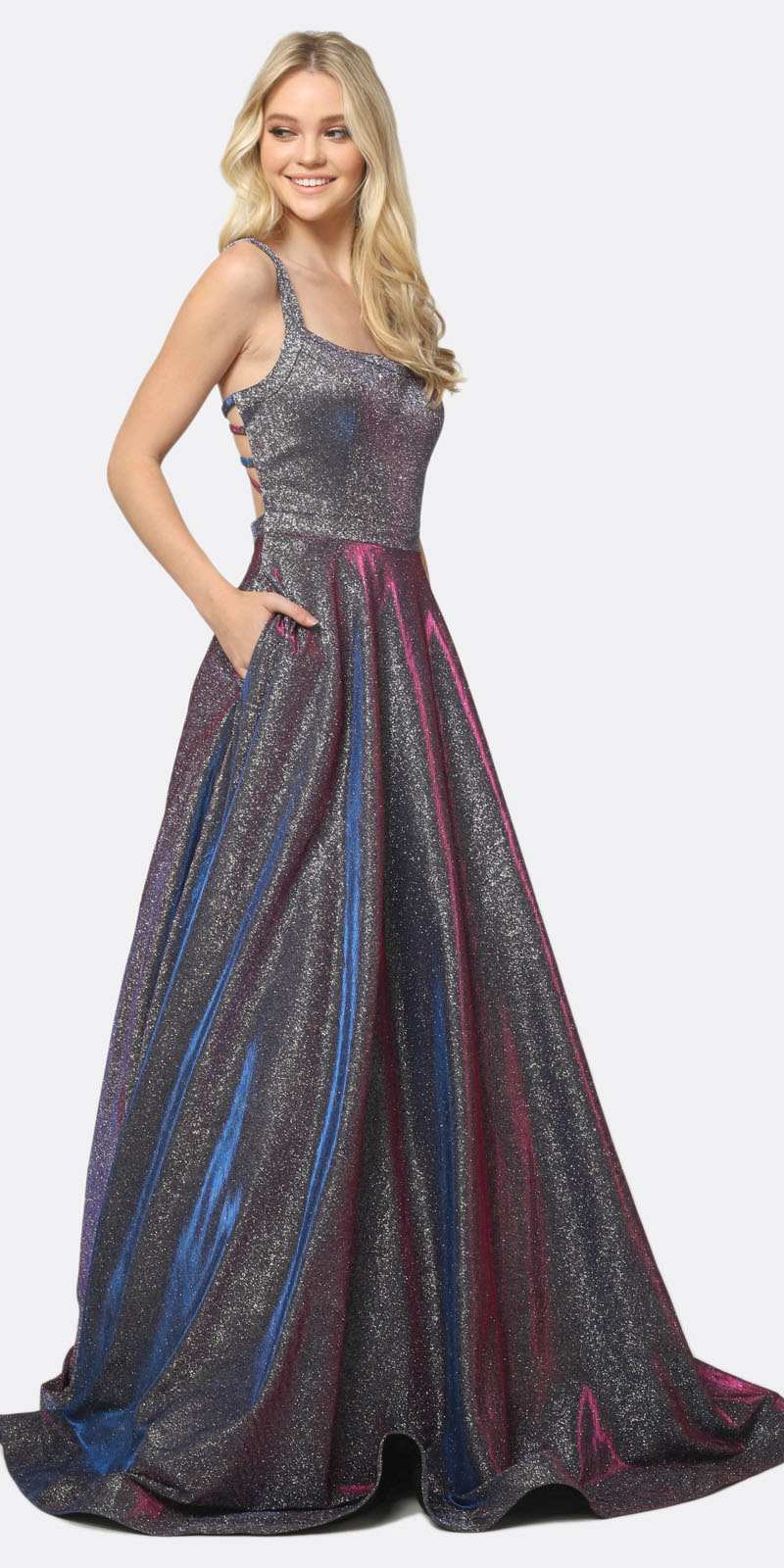 Juliet 698 Floor Length Glitter A-line Pockets Caged Back Prom Dress Magenta Purple