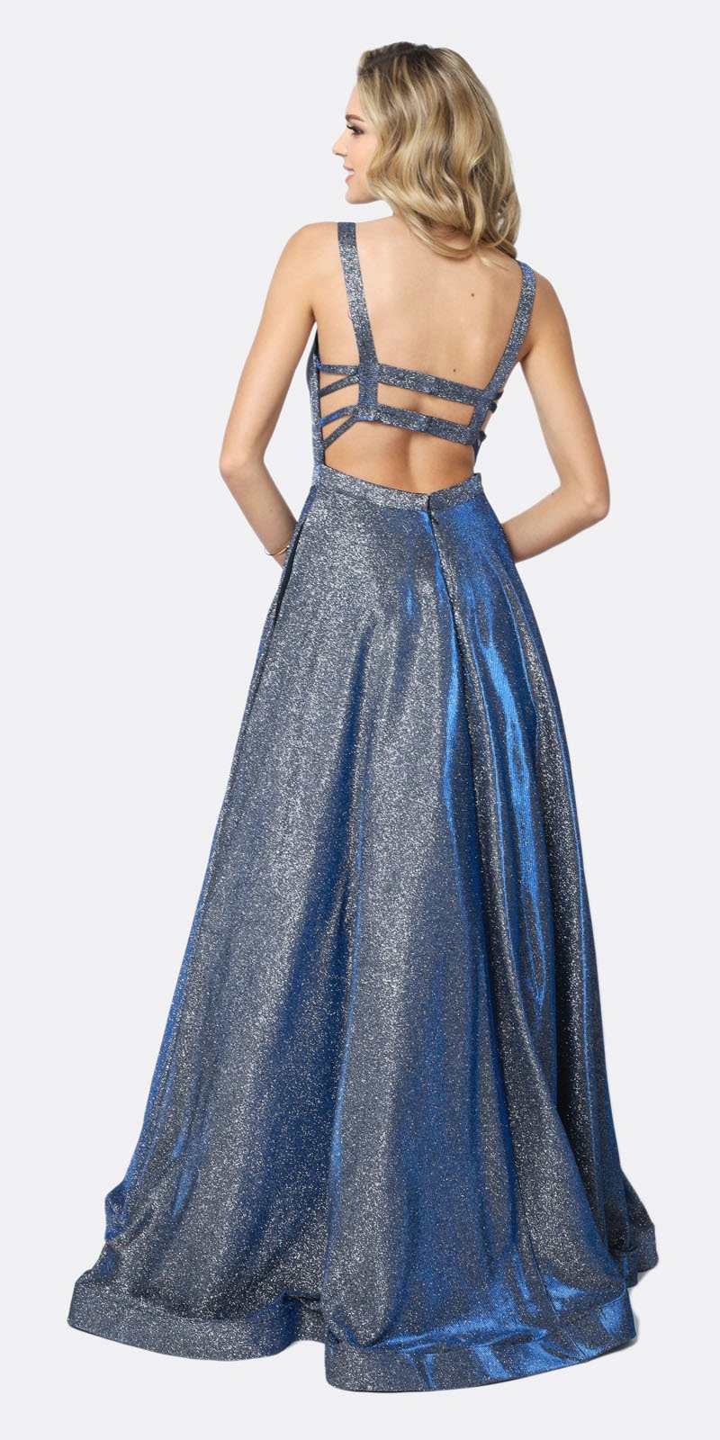 Juliet 698 Floor Length Glitter A-line Pockets Caged Back Prom Dress Navy Blue