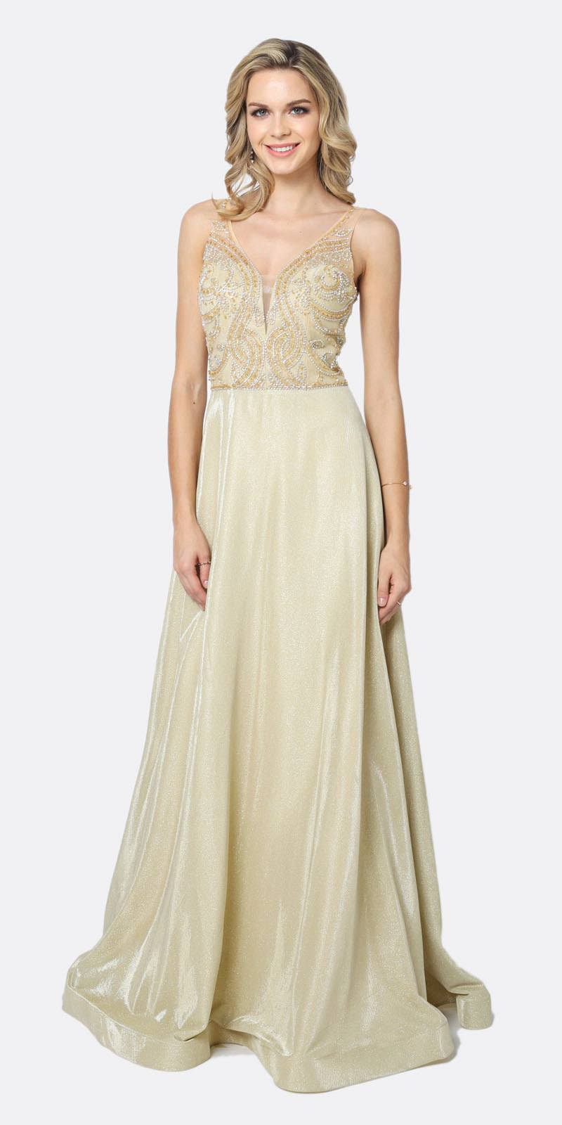 Juliet 699 Metallic Glitter Gold Prom Dress Embellished Bodice V-Neck Sleeveless