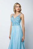 Juliet 699 Metallic Glitter Ice Blue Prom Dress Embellished Bodice V-Neck Sleeveless
