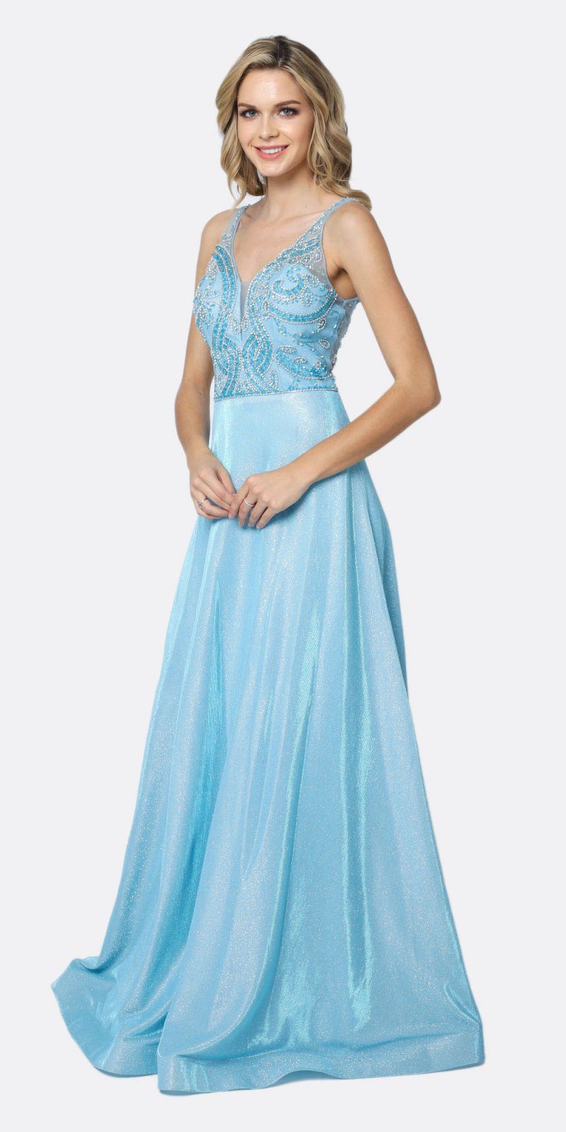 Juliet 699 Metallic Glitter Ice Blue Prom Dress Embellished Bodice V-Neck Sleeveless