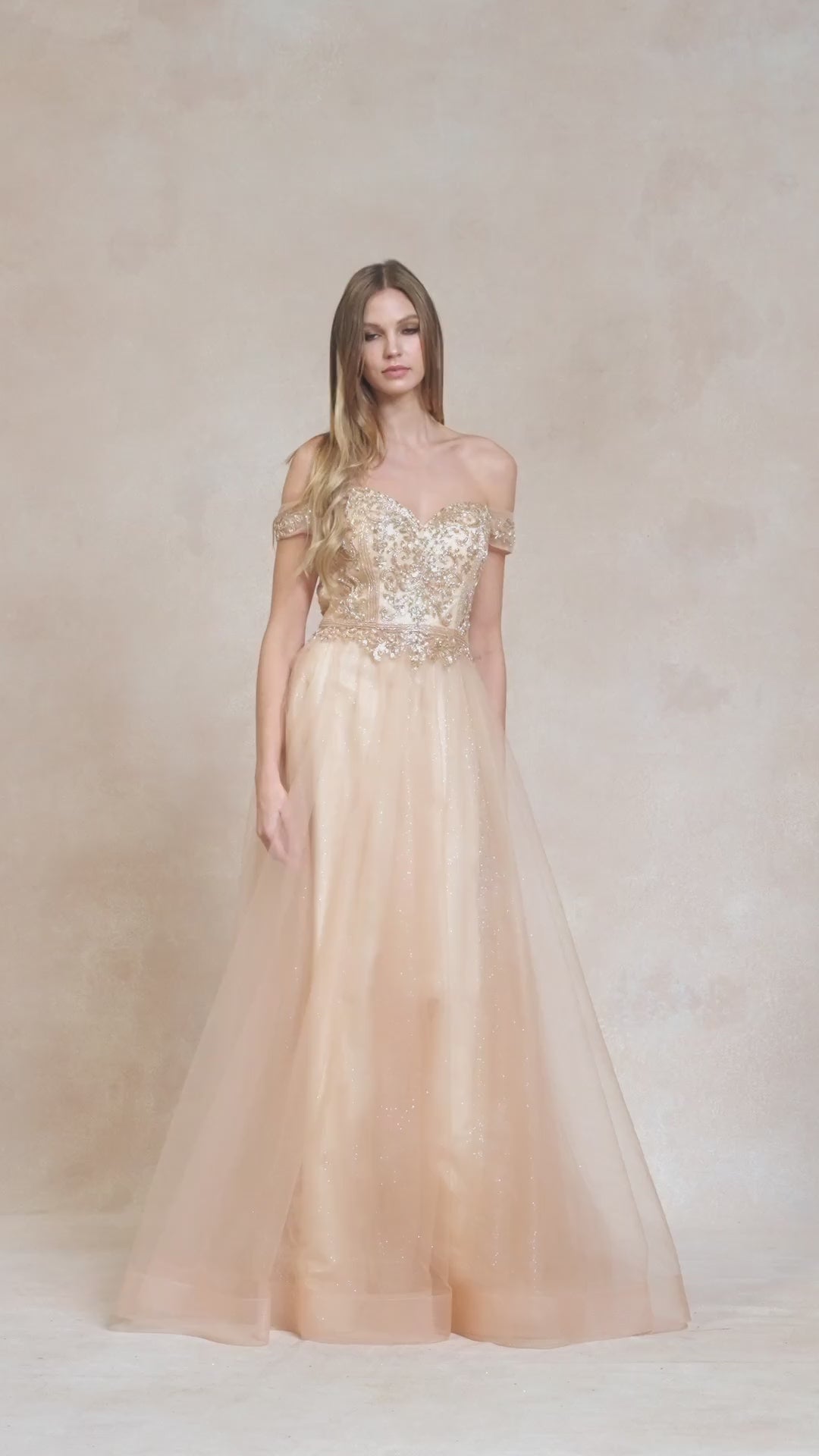 Juliet 287 Long Off the Shoulder Beaded Top A-Line Prom Dress