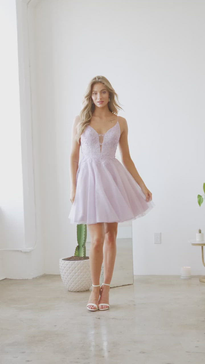 Nox Anabel E779 Plunging V-Neck Embroidered Bodice Short Dress