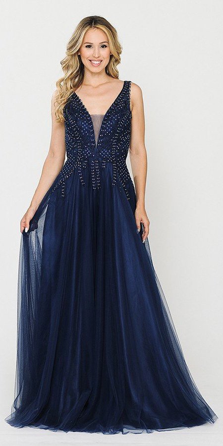 Navy Blue V-Neck Embellished Long Prom Dress 