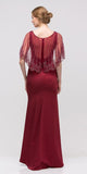Burgundy Long Formal Dress with Sheer Embellished Fixed Shawl