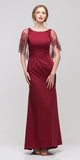 Burgundy Long Formal Dress with Sheer Embellished Fixed Shawl