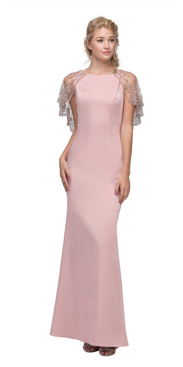 Eureka 7003 Blush Long Formal Dress with Sheer Embellished Fixed Shawl
