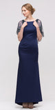 Navy Long Formal Dress with Sheer Embellished Fixed Shawl