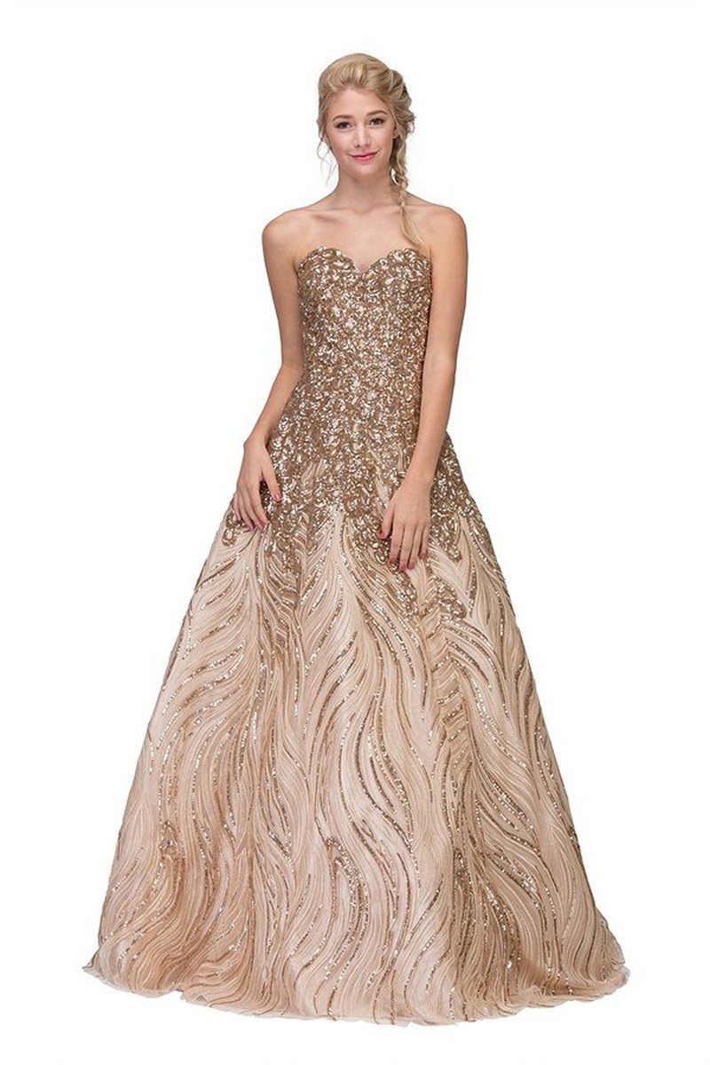 Gold Strapless Sequins Prom Gown Corset Back