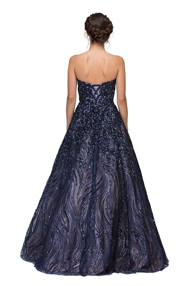 Navy Blue Strapless Sequins Prom Gown Corset Back