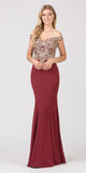 Eureka Fashion 7012 Off-the-Shoulder Long Prom Dress Appliqued Bodice Burgundy