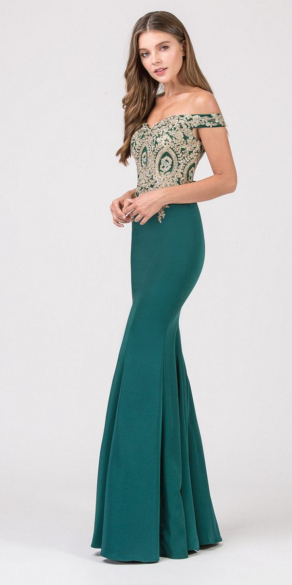 Eureka Fashion 7012 Off-the-Shoulder Long Prom Dress Appliqued Bodice Hunter Green