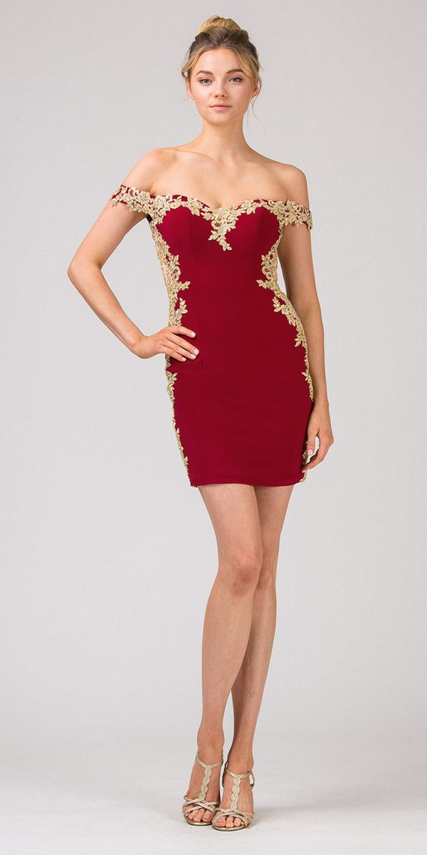 Sweetheart Neck Burgundy/Gold Off-Shoulder Short Party Dress