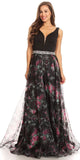 Black Floor Length Floral Printed Prom Gown V-Neck Embellished Waist