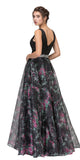 Black Floor Length Floral Printed Prom Gown V-Neck Embellished Waist Back View