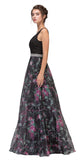 Black Floor Length Floral Printed Prom Gown V-Neck Embellished Waist Side View