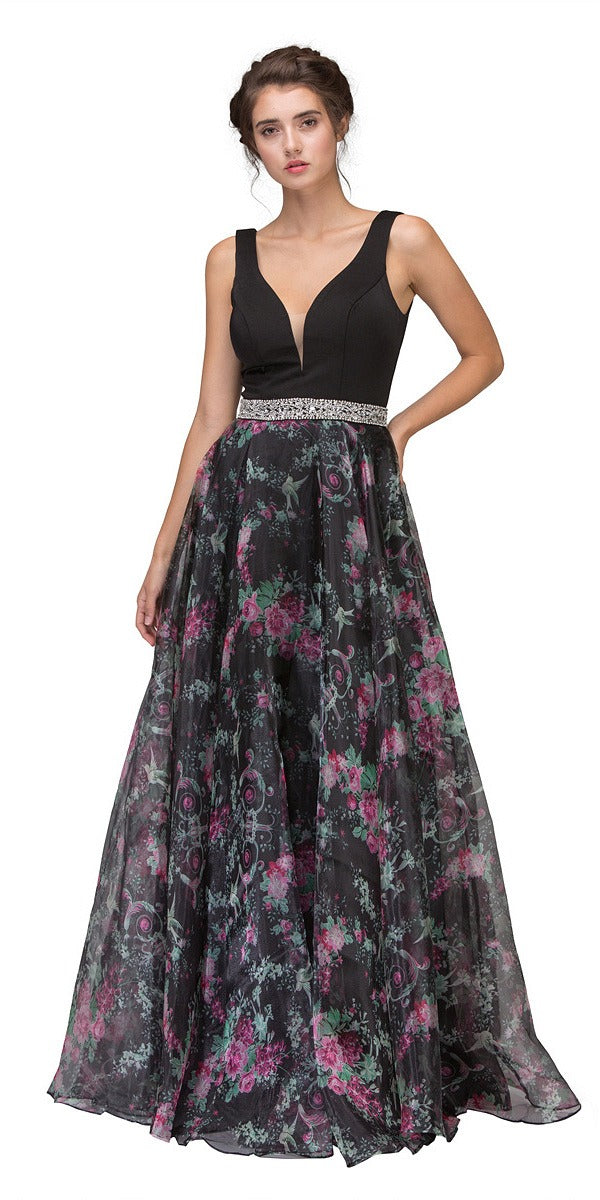 Black Floor Length Floral Printed Prom Gown V-Neck Embellished Waist