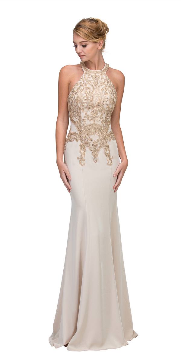Beige Embroidered Mermaid Long Prom Dress Racer Back